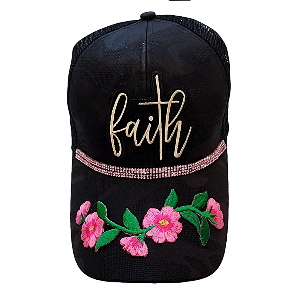 2FOR$30 - Faith Floral Handcrafted Black Camo Ponytail Cap With Pink Rhinestones